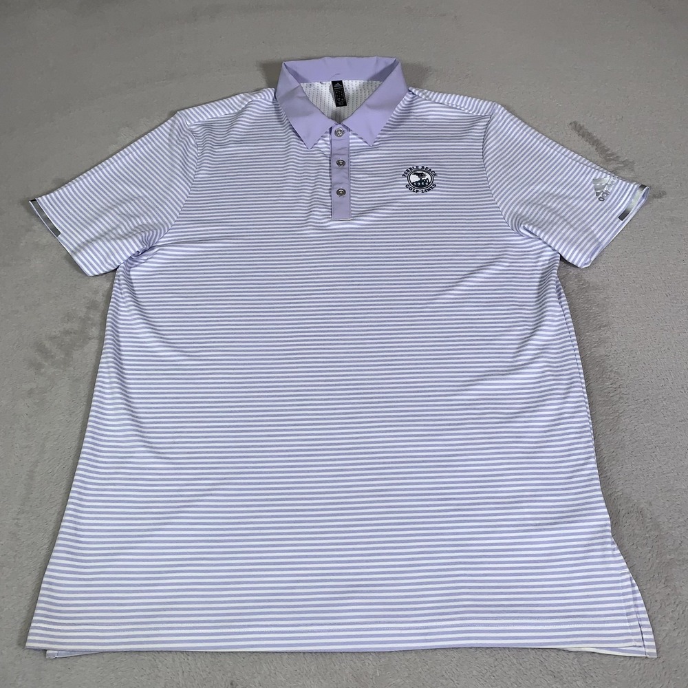Adidas Polo Shirt Mens Large Purple Stripe Pebble Beach Golf HEAT RDY Primegreen - Picture 5 of 11